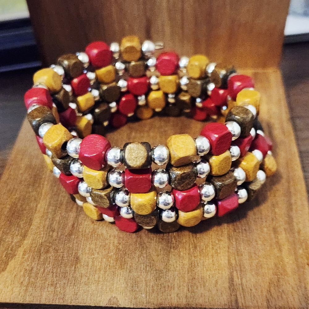 Multicolor Wood Bead Memory Wire Wrap Bracelet Red Yellow‎ Brown Silver Boho